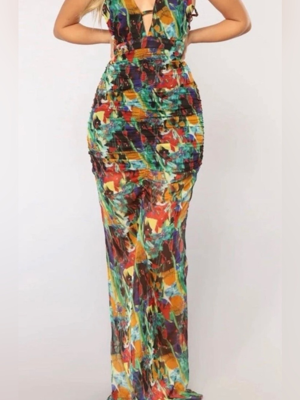 Fashion Nova Multicolor Abstract Ruched Strappy V-Neck Bodycon Maxi Dress Size M